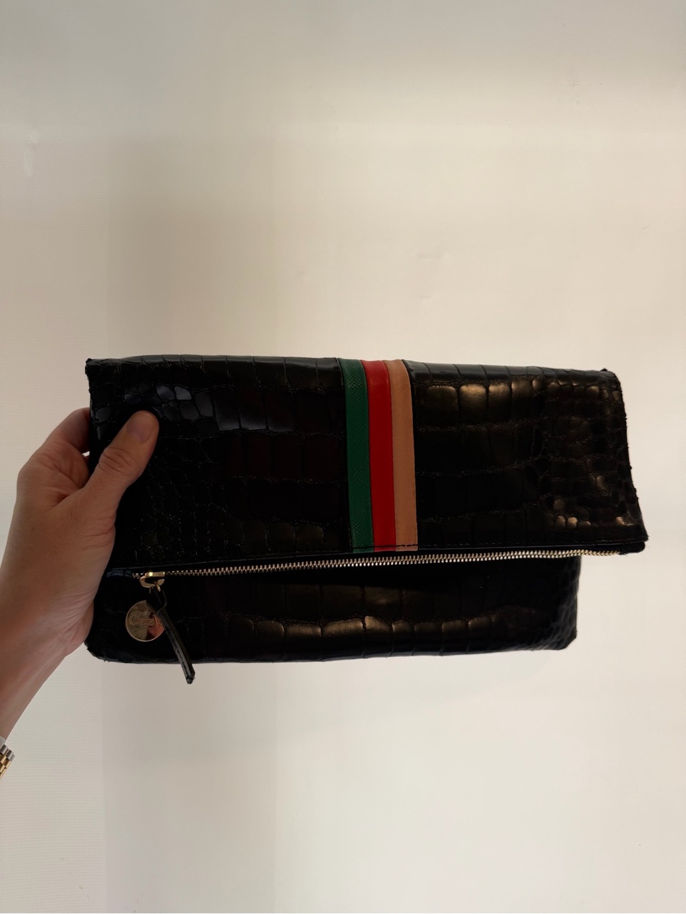 Black Croc Foldover Clutch with Green and Red Center Stripe - Picture 4 of 6